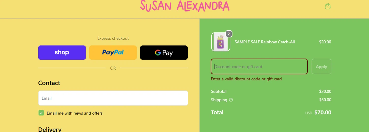Susan Alexandra discount code screenshot showing code FRUITSALAD applied at Susan Alexandra checkout page. Uploaded by SimplyCodes community member Handivlak on Jan 24, 2026