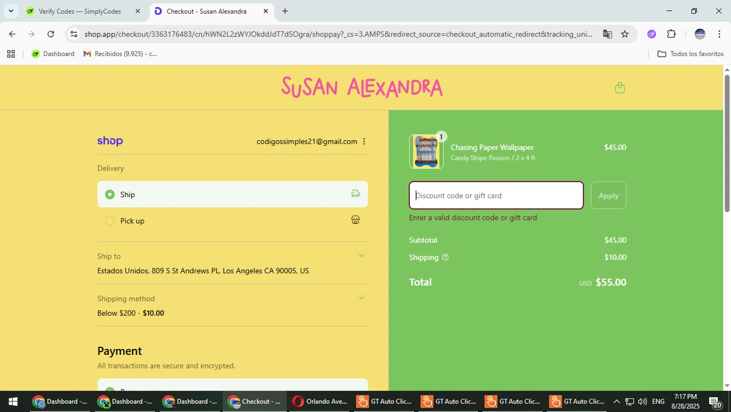 Susan Alexandra discount code screenshot showing code SPRING20 applied at Susan Alexandra checkout page. Uploaded by SimplyCodes community member TrevorPhilips on Aug 28, 2025