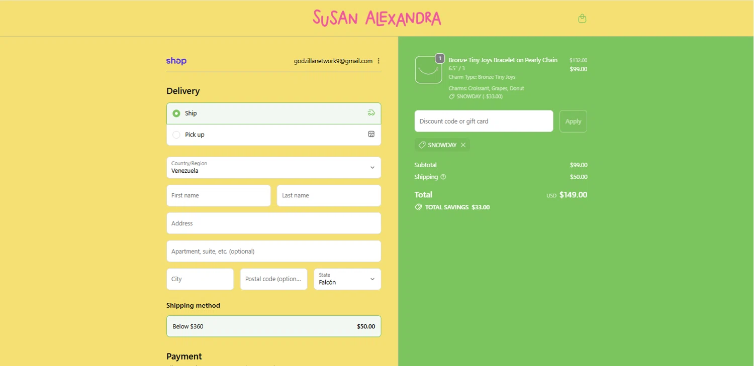 Susan Alexandra checkout page showing Susan Alexandra discount code box | Screenshot taken by SimplyCodes community member on Feb 23, 2026
