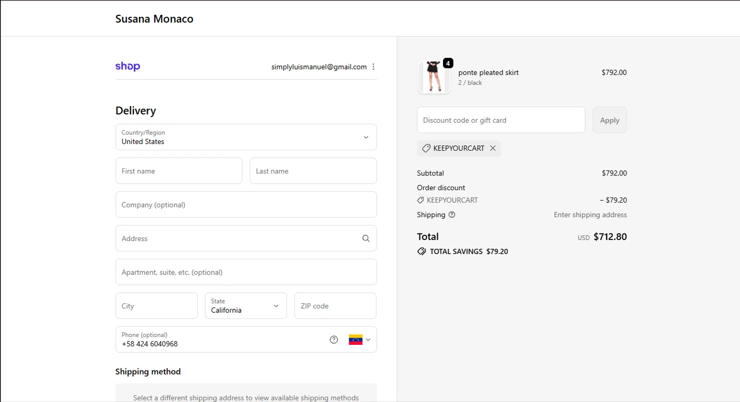 Susana Monaco discount code screenshot showing code KEEPYOURCART applied at Susana Monaco checkout page. Uploaded by SimplyCodes community member CouponHero3179 on Nov 20, 2025