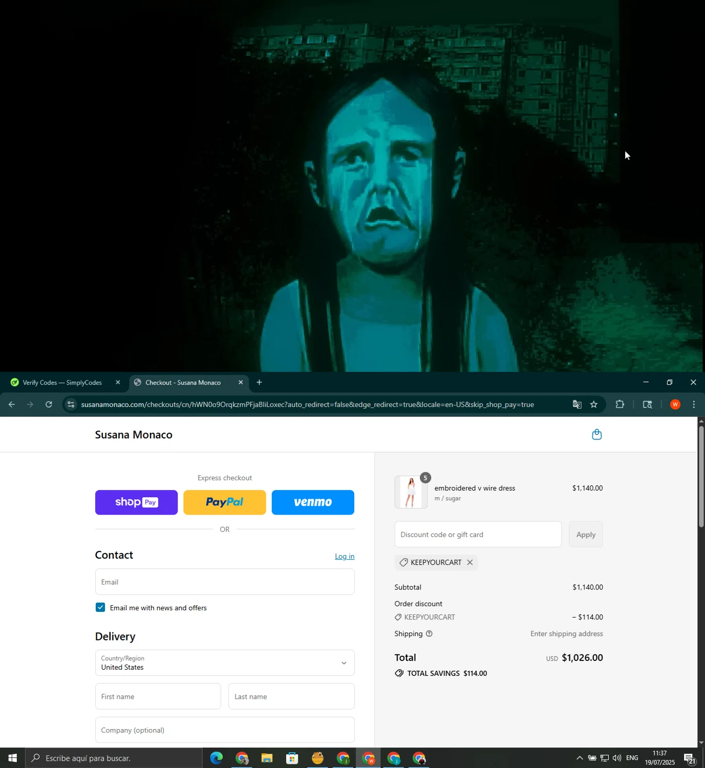 Susana Monaco discount code screenshot showing code KEEPYOURCART applied at Susana Monaco checkout page. Uploaded by SimplyCodes community member wilferji on Jul 19, 2025