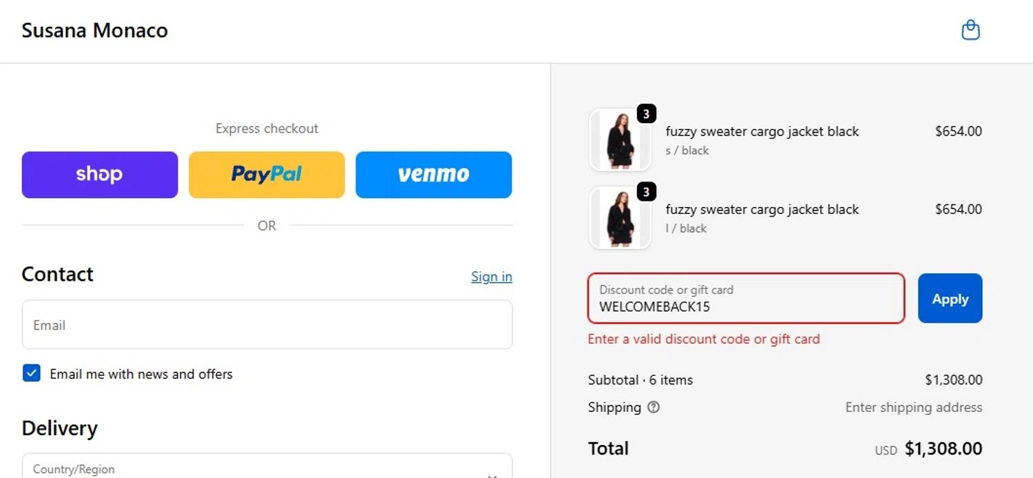 Susana Monaco discount code screenshot showing code WELCOMEBACK15 applied at Susana Monaco checkout page. Uploaded by SimplyCodes community member victorchacon on Jan 13, 2026