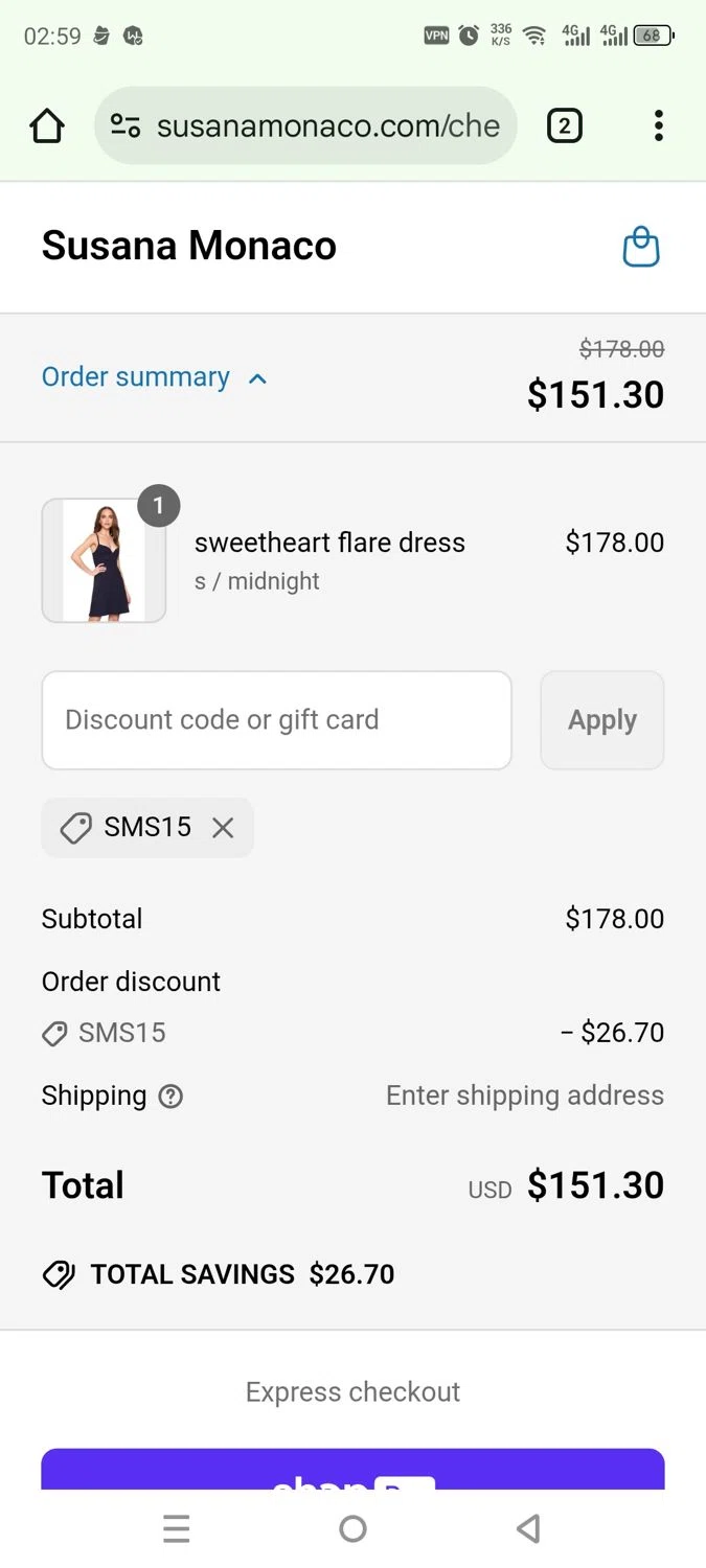 Susana Monaco discount code screenshot showing code sms15 applied at Susana Monaco checkout page. Uploaded by SimplyCodes community member rafaelmarquez on Jun 16, 2025