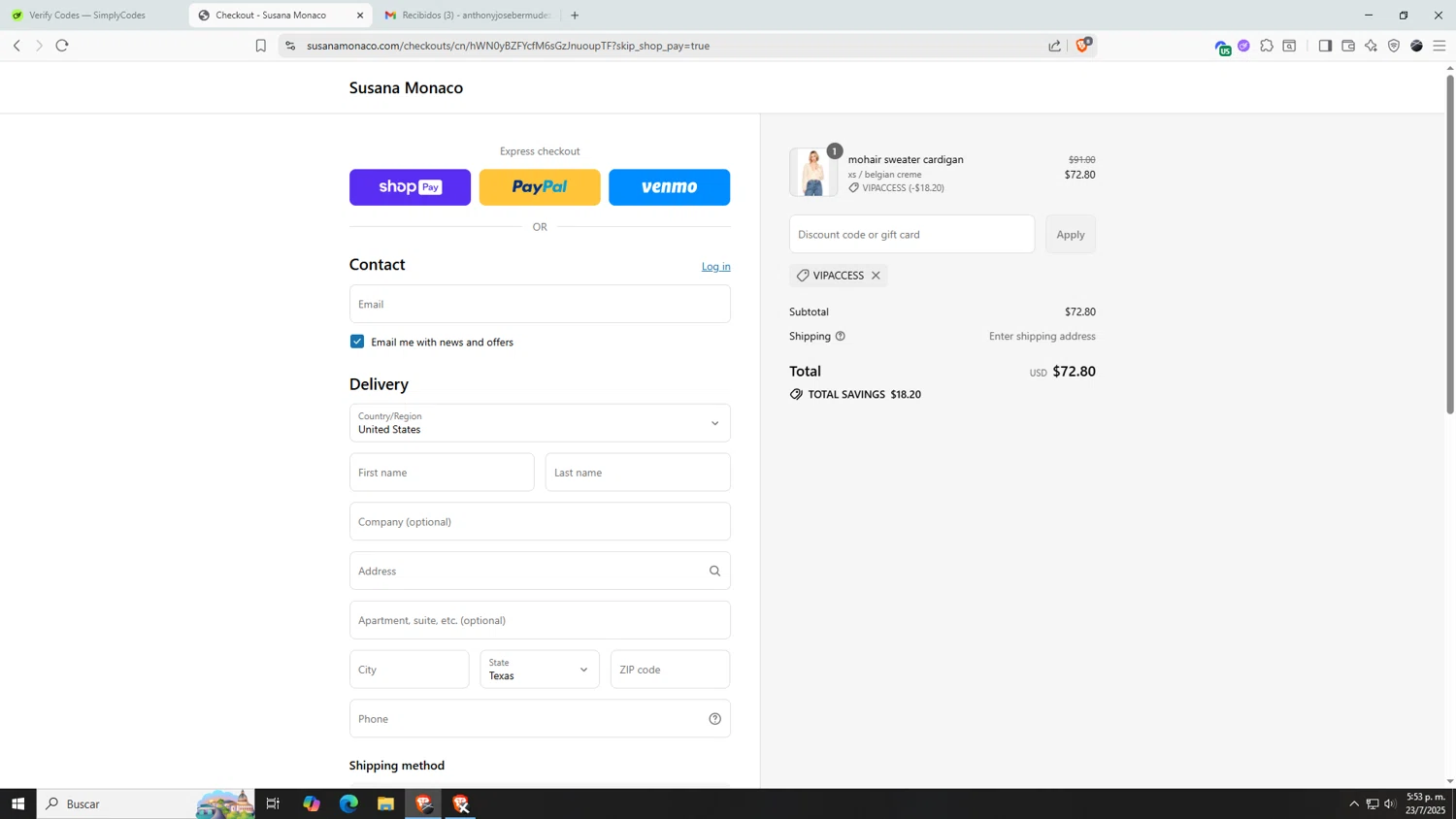 Susana Monaco discount code screenshot showing code VIPACCESS applied at Susana Monaco checkout page. Uploaded by SimplyCodes community member AnthonyGTX on Jul 23, 2025