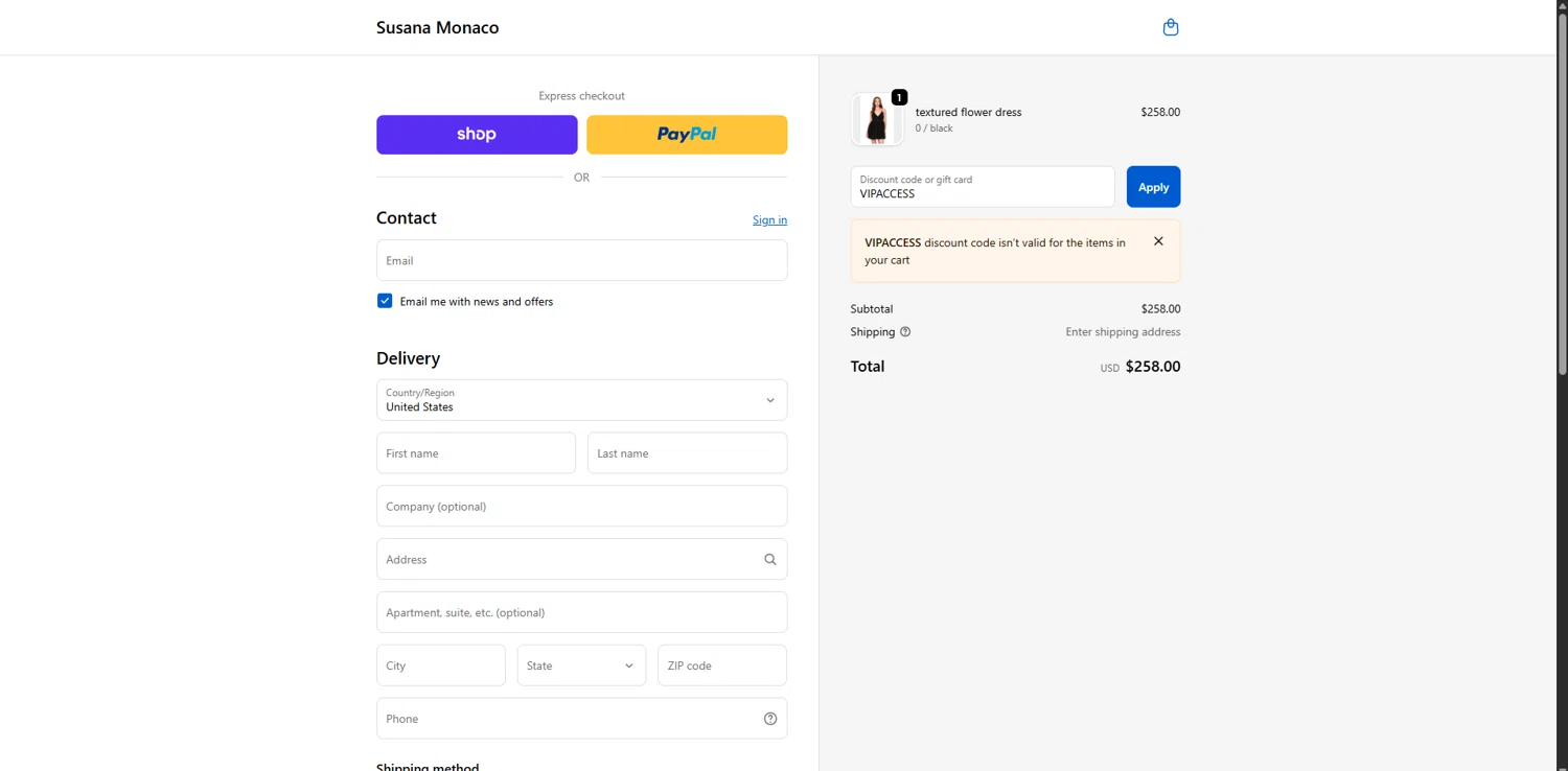 Susana Monaco discount code screenshot showing code VIPACCESS applied at Susana Monaco checkout page. Uploaded by SimplyCodes community member RebatePioneer1295 on Dec 6, 2025