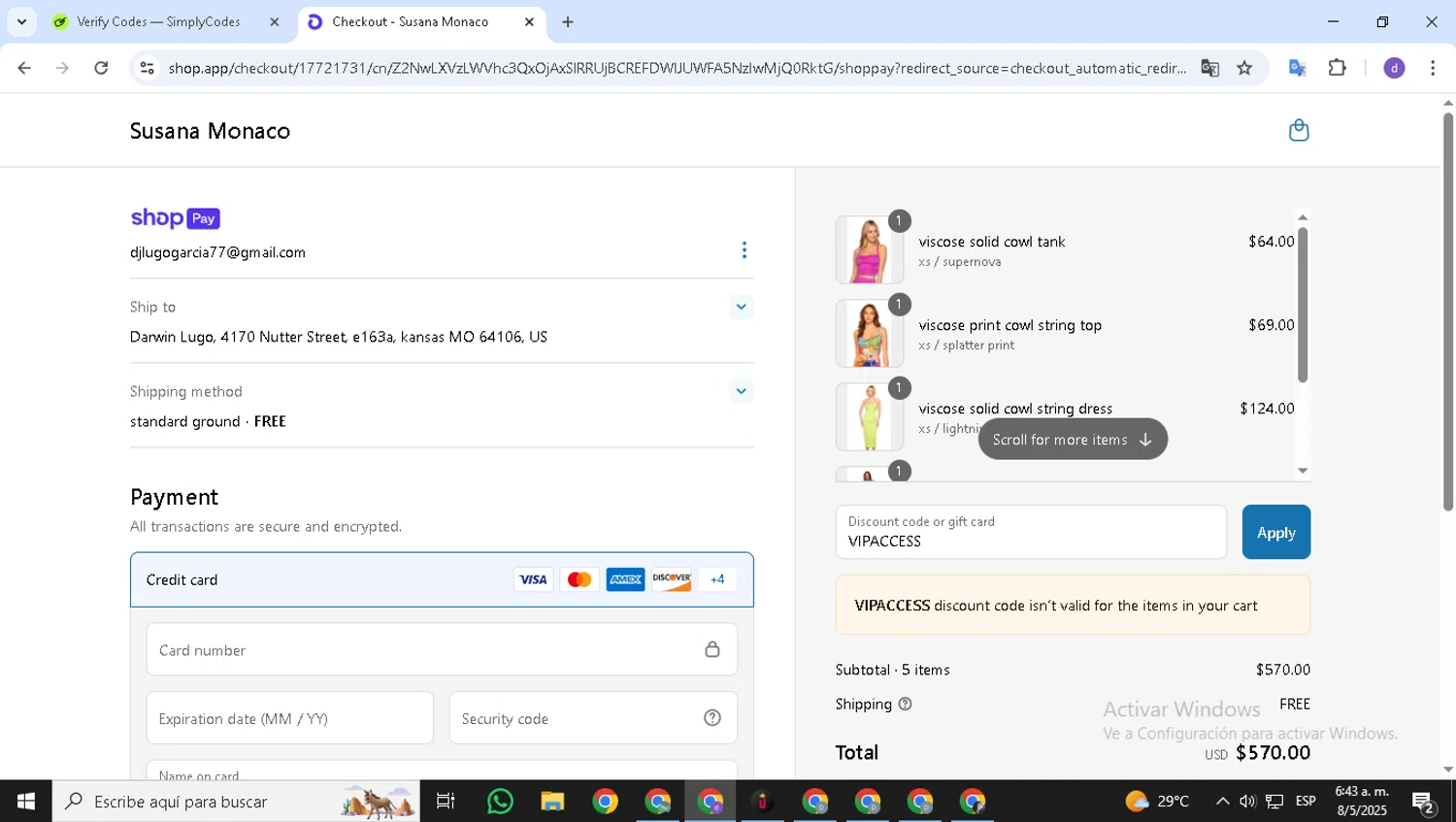Susana Monaco discount code screenshot showing code VIPACCESS applied at Susana Monaco checkout page. Uploaded by SimplyCodes community member ShieldSeeker6695 on May 8, 2025