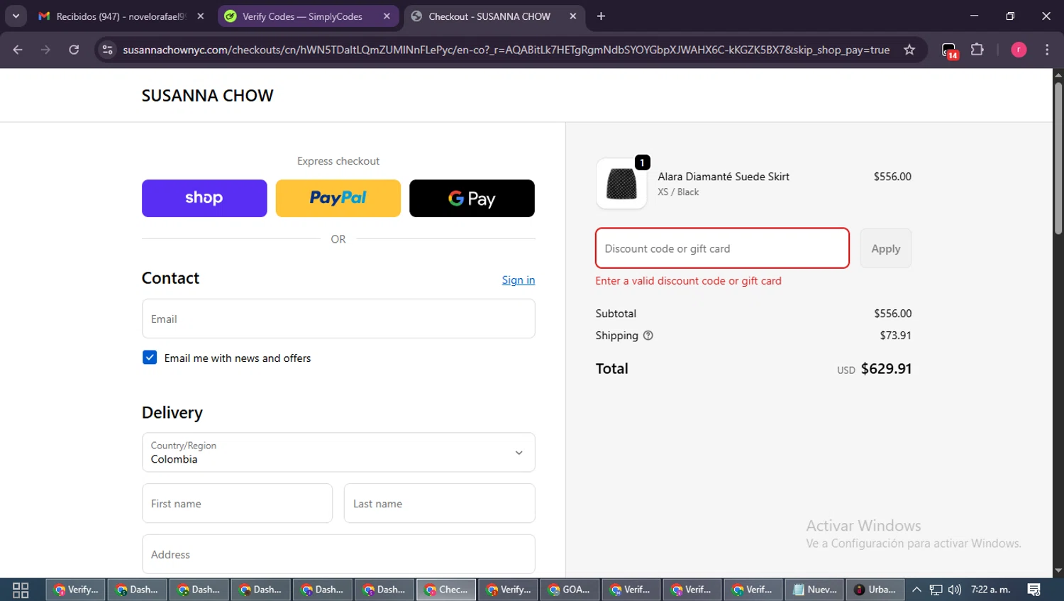 Susanna Chow promo code screenshot showing code FREESHIP applied at Susanna Chow checkout page. Uploaded by SimplyCodes community member WisePro3739 on Nov 19, 2025