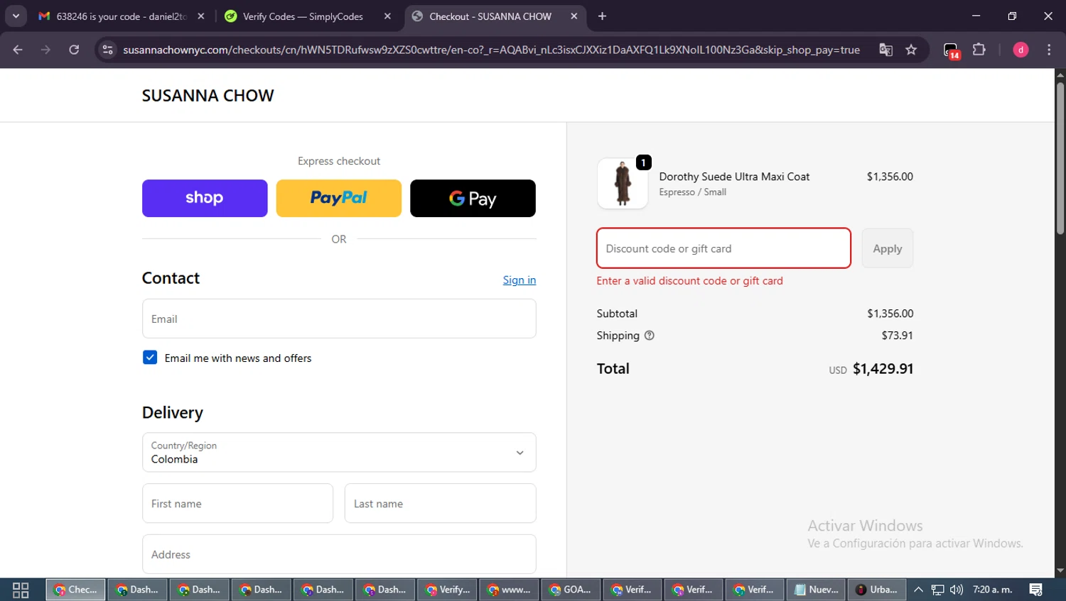 Susanna Chow promo code screenshot showing code SC10 applied at Susanna Chow checkout page. Uploaded by SimplyCodes community member MagnificentSpotter4236 on Nov 19, 2025