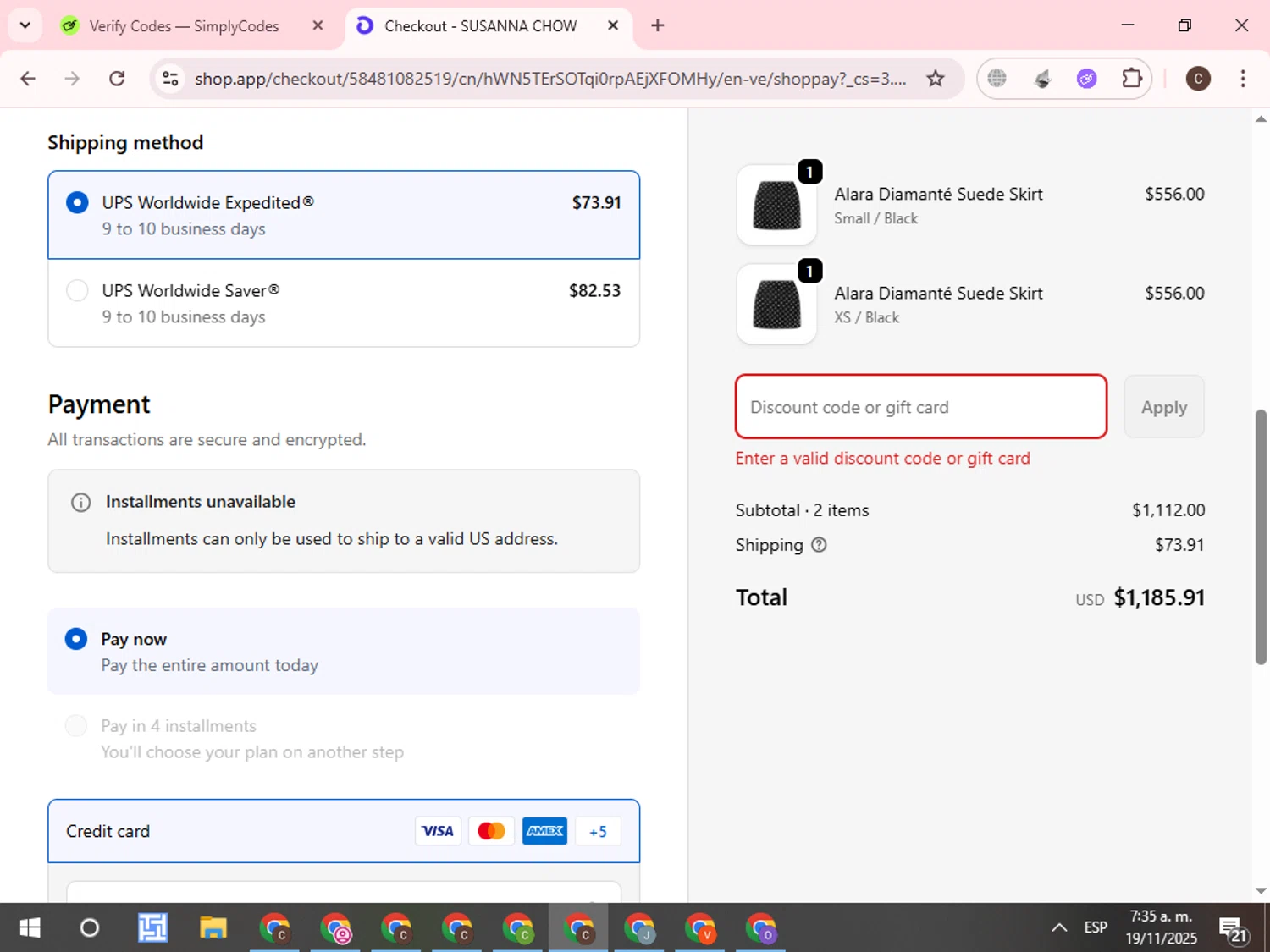 Susanna Chow promo code screenshot showing code SC10 applied at Susanna Chow checkout page. Uploaded by SimplyCodes community member WonderCurator7831 on Nov 19, 2025