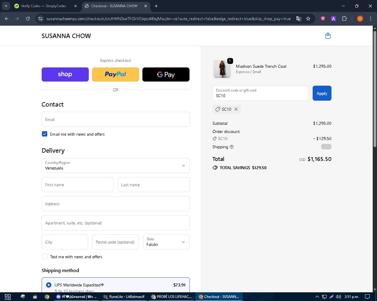 Susanna Chow promo code screenshot showing code SC10 applied at Susanna Chow checkout page. Uploaded by SimplyCodes community member bulbasaur69 on Oct 10, 2025