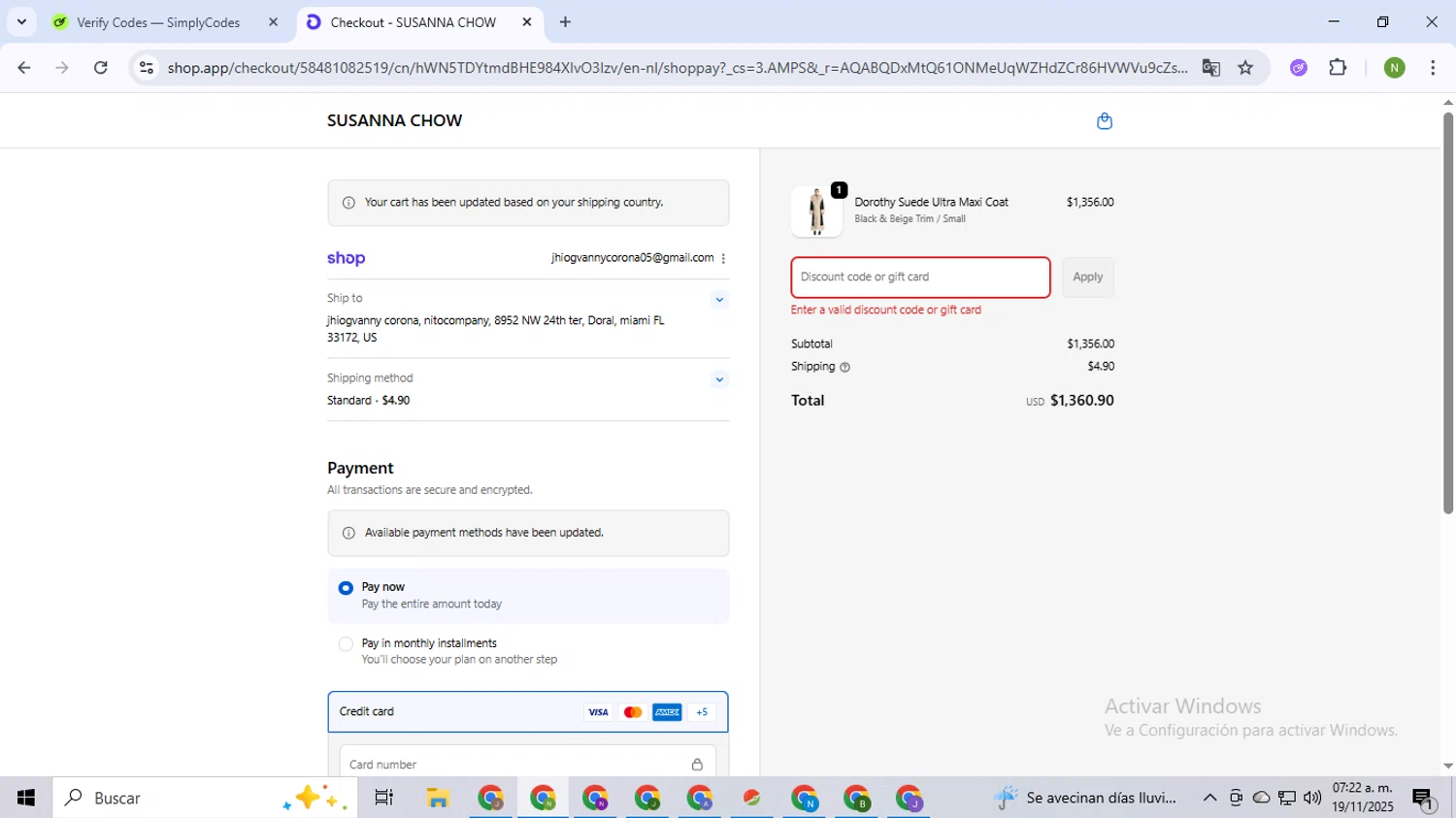 Susanna Chow promo code screenshot showing code TNHGNM7S applied at Susanna Chow checkout page. Uploaded by SimplyCodes community member TokenMaverick6956 on Nov 19, 2025