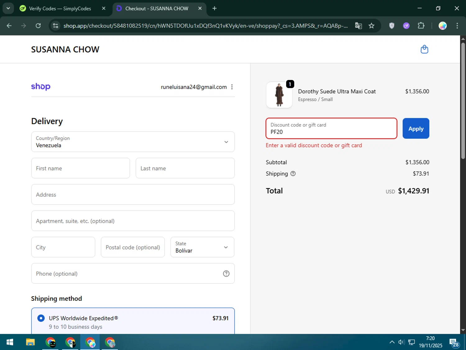 Susanna Chow promo code screenshot showing code PF20 applied at Susanna Chow checkout page. Uploaded by SimplyCodes community member Estrellitacoairis on Nov 19, 2025
