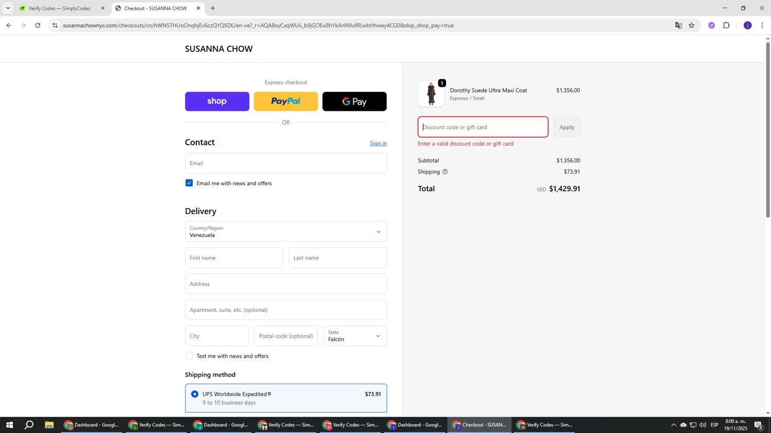 Susanna Chow promo code screenshot showing code PF20 applied at Susanna Chow checkout page. Uploaded by SimplyCodes community member simplycodesssss on Nov 19, 2025