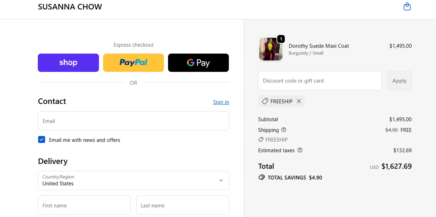 Susanna Chow promo code screenshot showing code FREESHIP applied at Susanna Chow checkout page. Uploaded by SimplyCodes community member jesspea on Dec 18, 2025