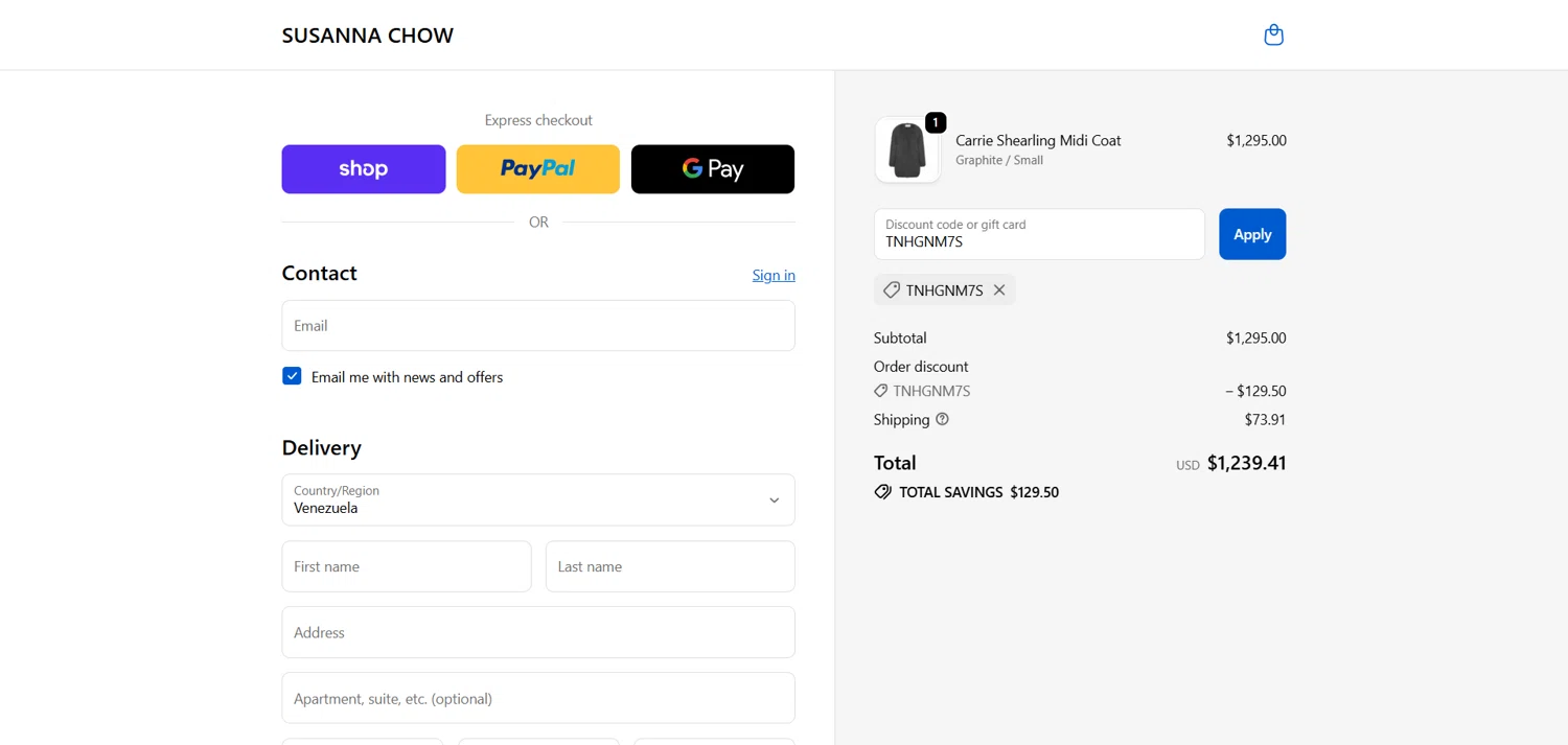 Susanna Chow promo code screenshot showing code TNHGNM7S applied at Susanna Chow checkout page. Uploaded by SimplyCodes community member marielysmorales on Nov 5, 2025