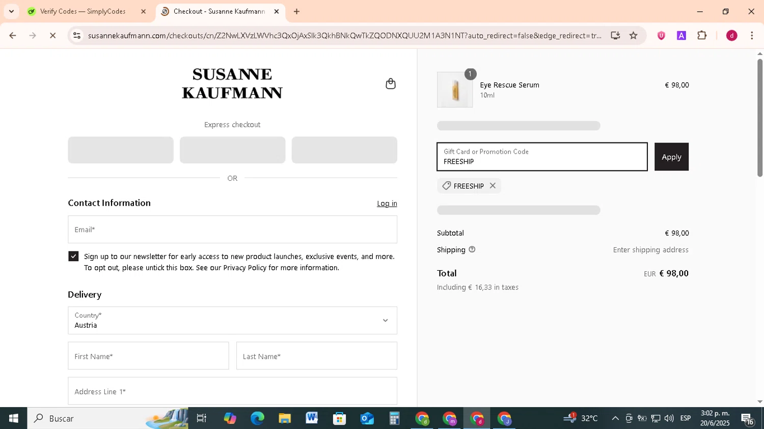 Susanne Kaufmann promo code screenshot showing code FREESHIP applied at Susanne Kaufmann checkout page. Uploaded by SimplyCodes community member FrugalMonarch7277 on Jun 20, 2025