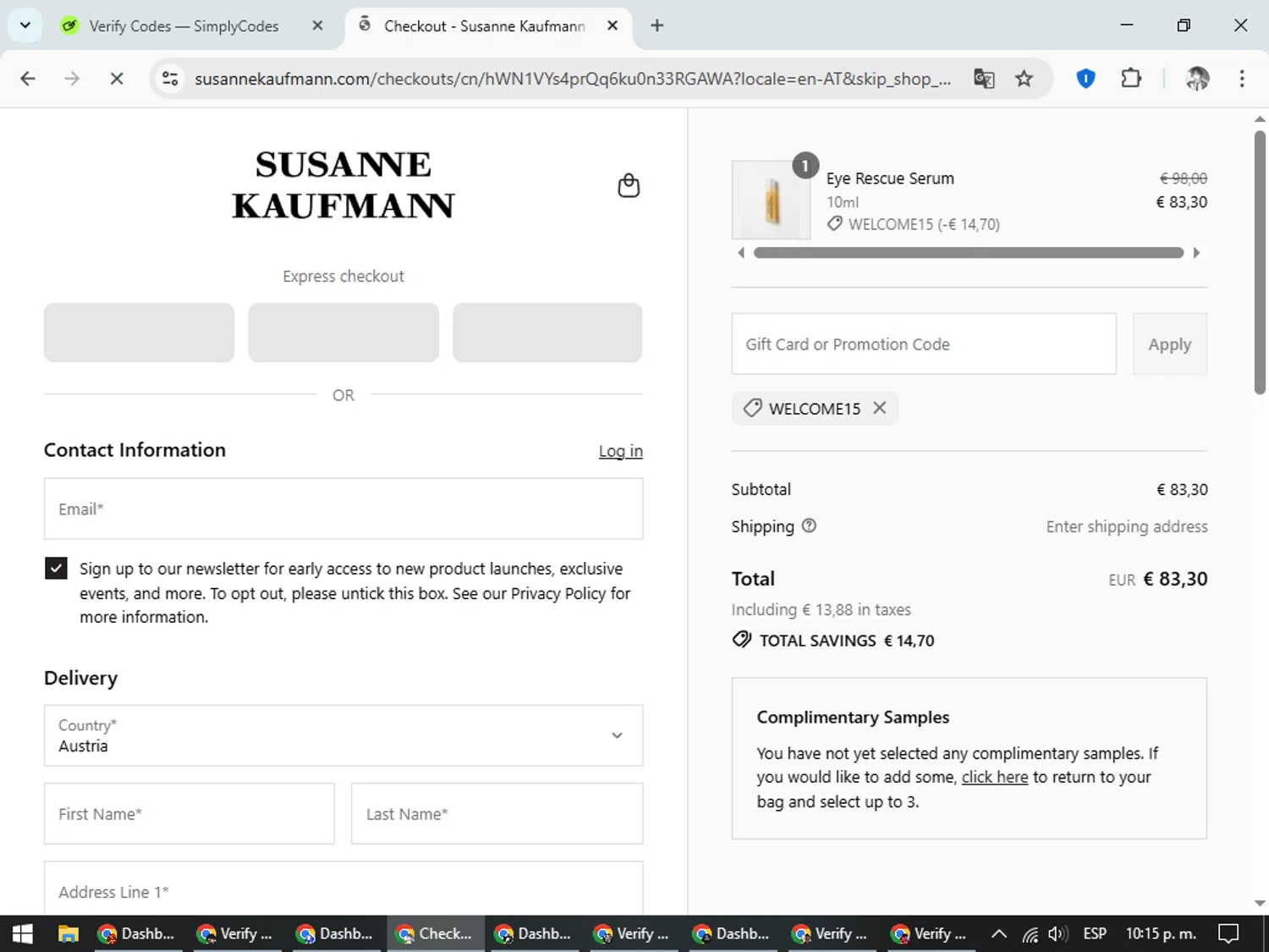 Susanne Kaufmann promo code screenshot showing code WELCOME15 applied at Susanne Kaufmann checkout page. Uploaded by SimplyCodes community member CleverLegend6607 on Aug 7, 2025