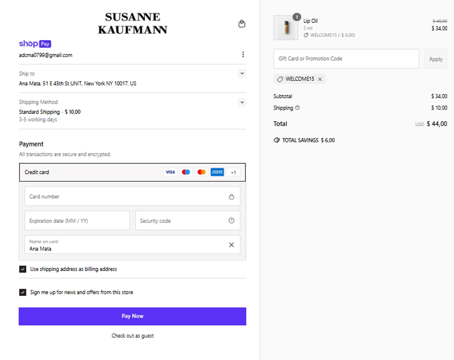 Susanne Kaufmann promo code screenshot showing code WELCOME15 applied at Susanne Kaufmann checkout page. Uploaded by SimplyCodes community member peachee on Jun 20, 2025