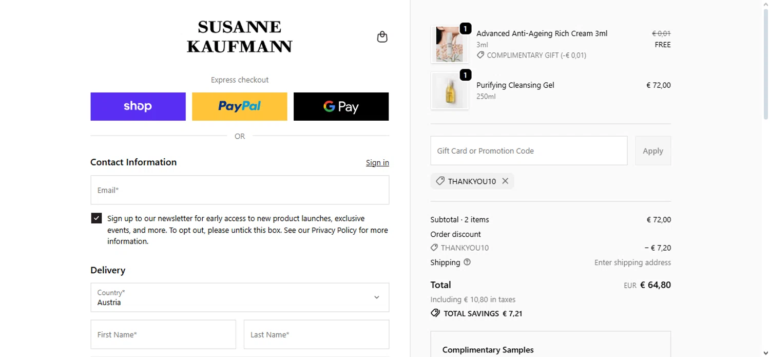 Susanne Kaufmann checkout page showing Susanne Kaufmann promo code box | Screenshot taken by SimplyCodes community member on Oct 2, 2025