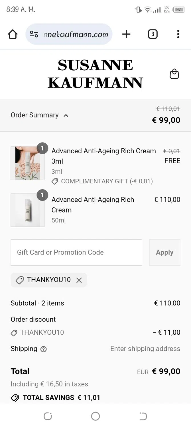 Susanne Kaufmann checkout page showing Susanne Kaufmann promo code box | Screenshot taken by SimplyCodes community member on Sep 3, 2025