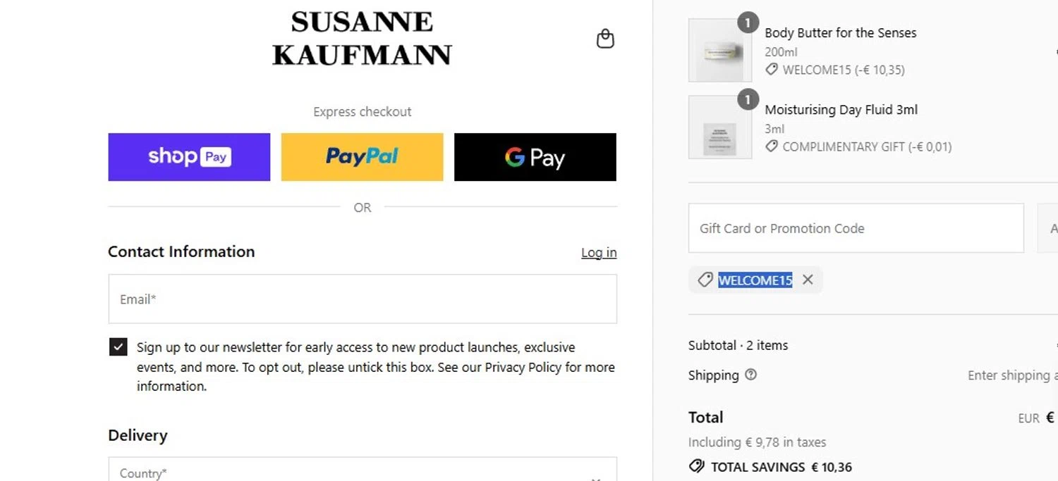 Susanne Kaufmann promo code screenshot showing code WELCOME15 applied at Susanne Kaufmann checkout page. Uploaded by SimplyCodes community member Olorinnnnn on Jul 25, 2025