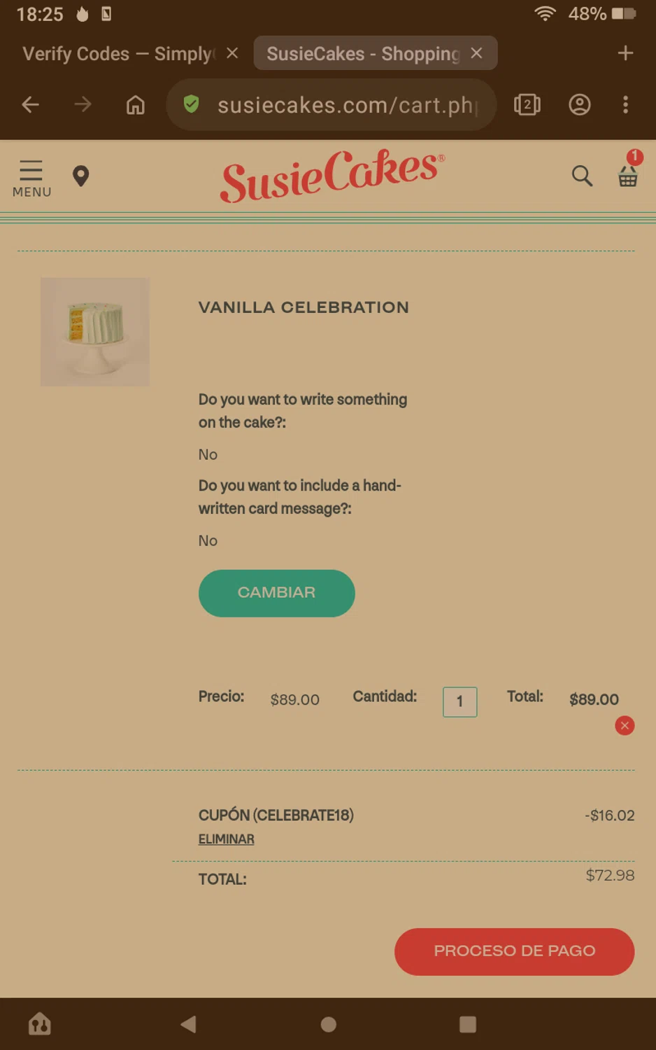 SusieCakes checkout page showing SusieCakes coupon code box | Screenshot taken by SimplyCodes community member on Jul 30, 2024