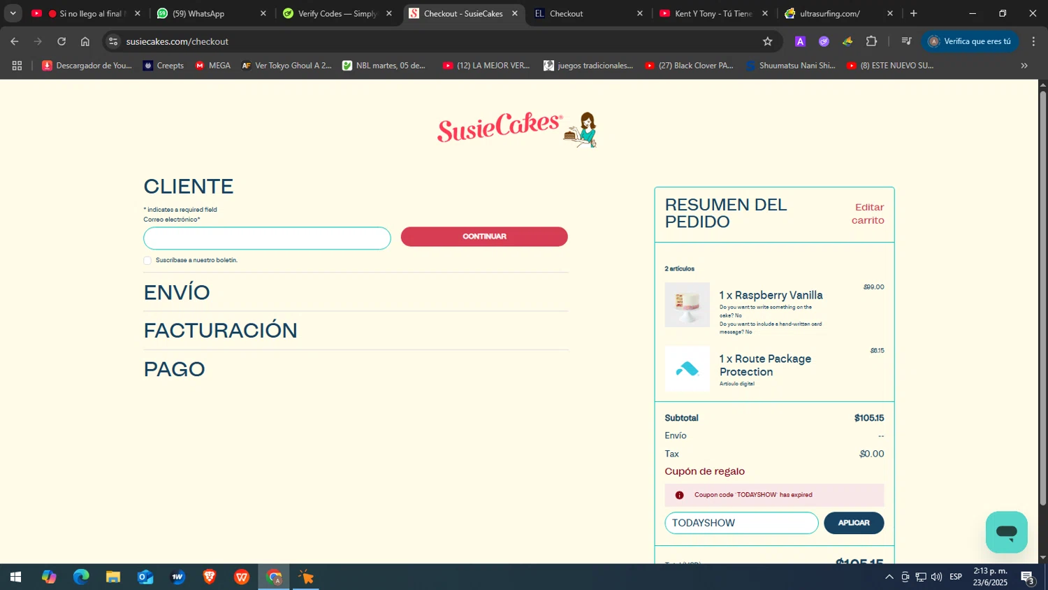 SusieCakes coupon code screenshot showing code TODAYSHOW applied at SusieCakes checkout page. Uploaded by SimplyCodes community member JuanChi on Jun 23, 2025