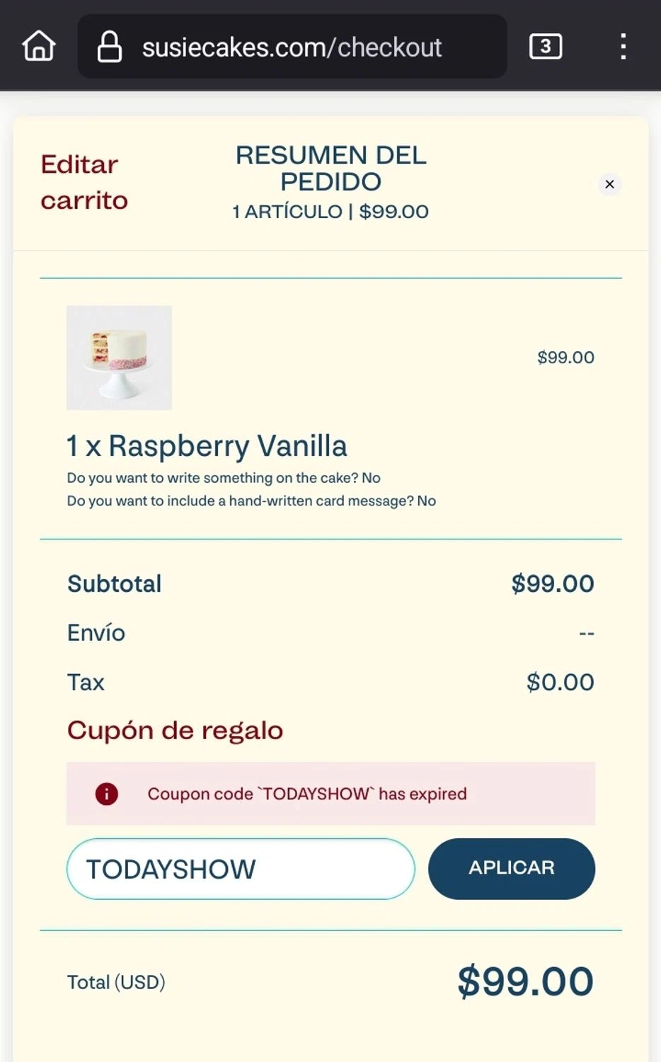 SusieCakes coupon code screenshot showing code TODAYSHOW applied at SusieCakes checkout page. Uploaded by SimplyCodes community member Sukuna_ on Jun 23, 2025