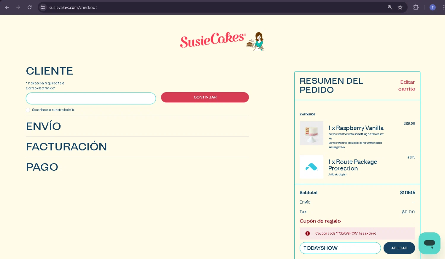 SusieCakes coupon code screenshot showing code TODAYSHOW applied at SusieCakes checkout page. Uploaded by SimplyCodes community member TRIBUENO on Jun 23, 2025