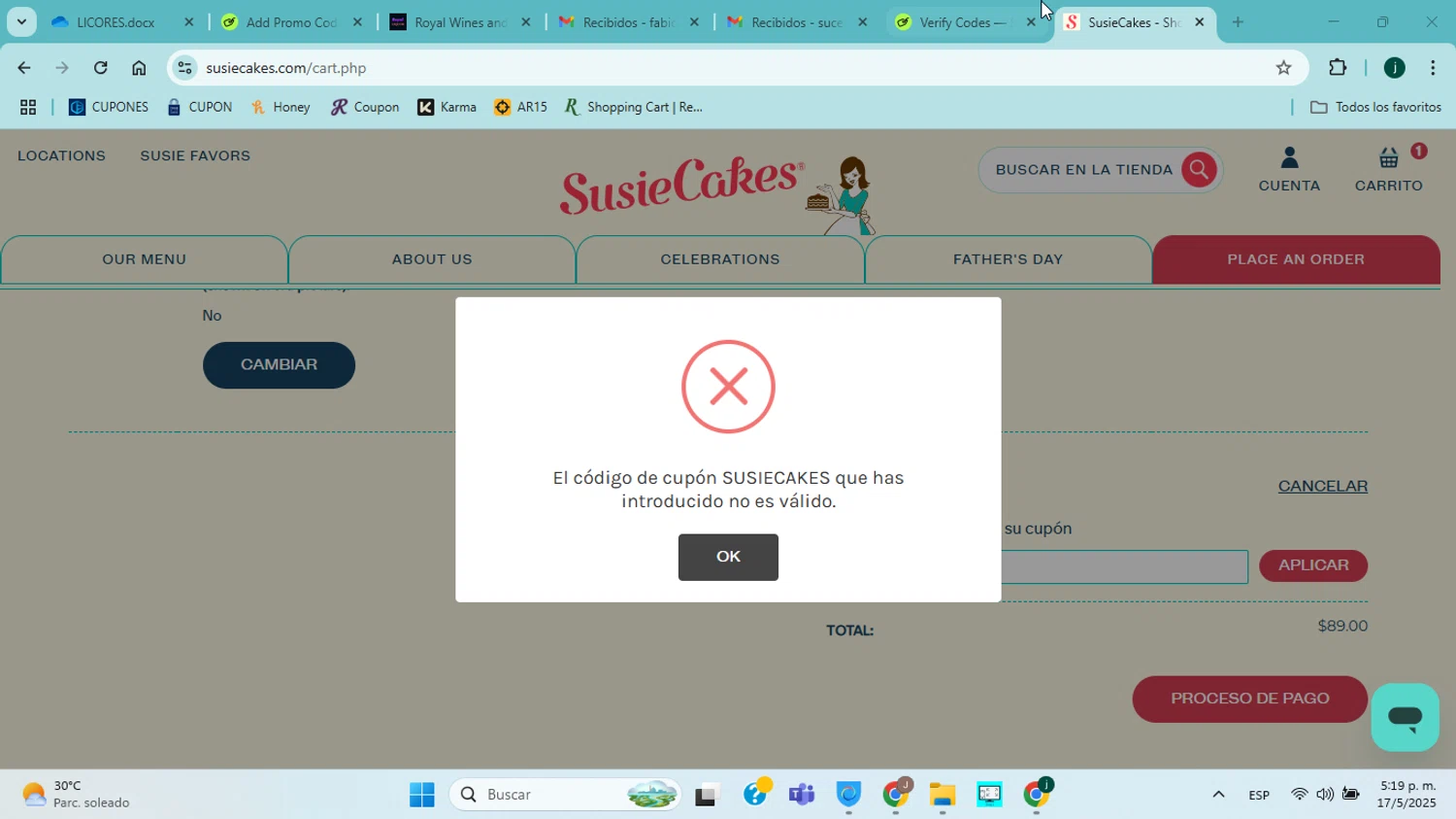 SusieCakes coupon code screenshot showing code SUSIECAKES applied at SusieCakes checkout page. Uploaded by SimplyCodes community member jorgejavierherrera on May 17, 2025
