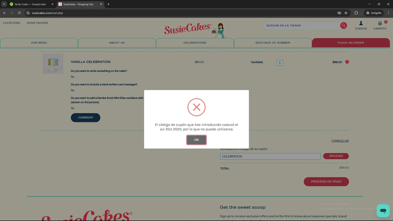 SusieCakes coupon code screenshot showing code CELEBRATE19 applied at SusieCakes checkout page. Uploaded by SimplyCodes community member AVAMUSTANG on Aug 4, 2025