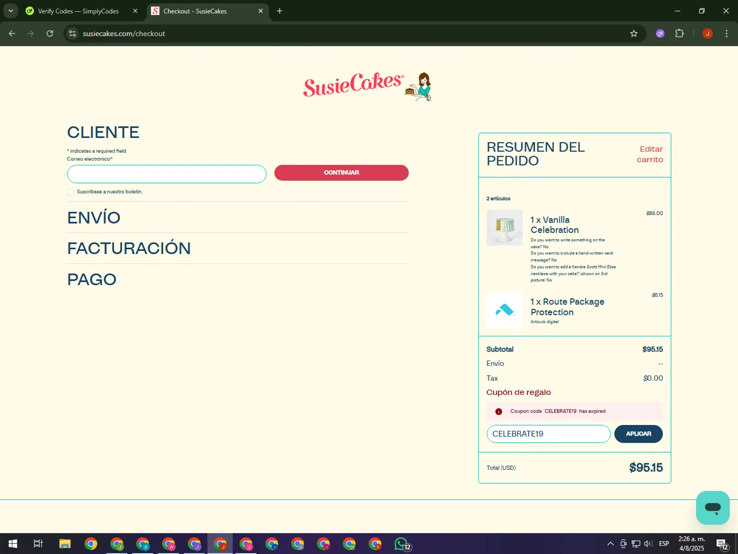 SusieCakes coupon code screenshot showing code CELEBRATE19 applied at SusieCakes checkout page. Uploaded by SimplyCodes community member KimDokja on Aug 4, 2025