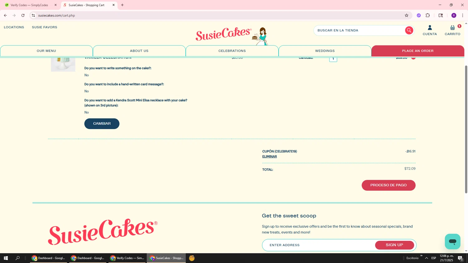 SusieCakes checkout page showing SusieCakes coupon code box | Screenshot taken by SimplyCodes community member on Jul 21, 2025