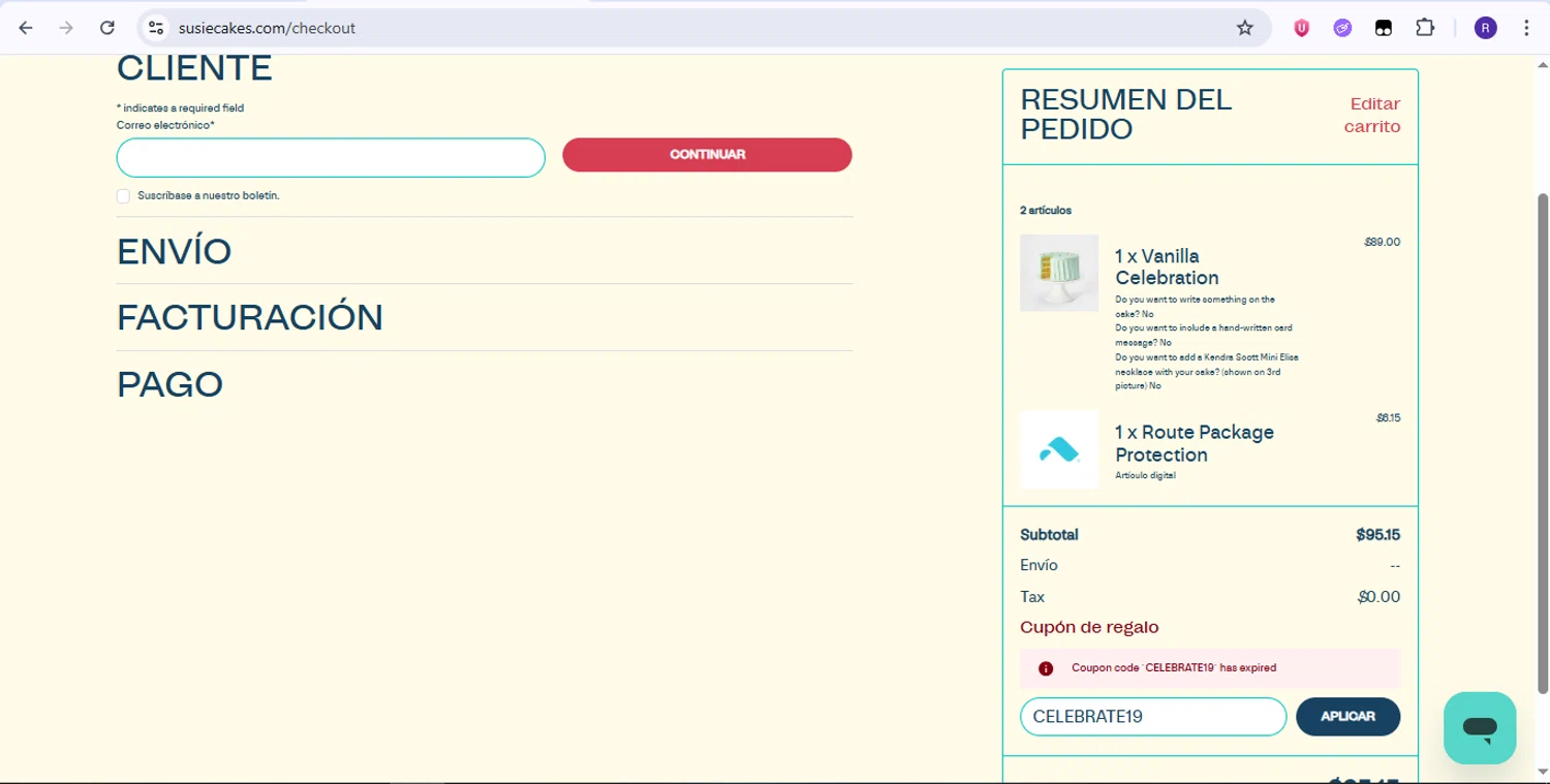 SusieCakes coupon code screenshot showing code CELEBRATE19 applied at SusieCakes checkout page. Uploaded by SimplyCodes community member zurdinha on Aug 4, 2025