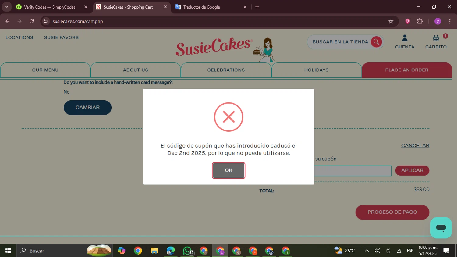 SusieCakes coupon code screenshot showing code CYBER2025 applied at SusieCakes checkout page. Uploaded by SimplyCodes community member FrugalPro5078 on Dec 6, 2025