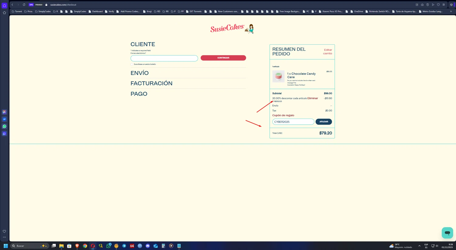 SusieCakes coupon code screenshot showing code CYBER2025 applied at SusieCakes checkout page. Uploaded by SimplyCodes community member UnkNownVnzla on Dec 1, 2025
