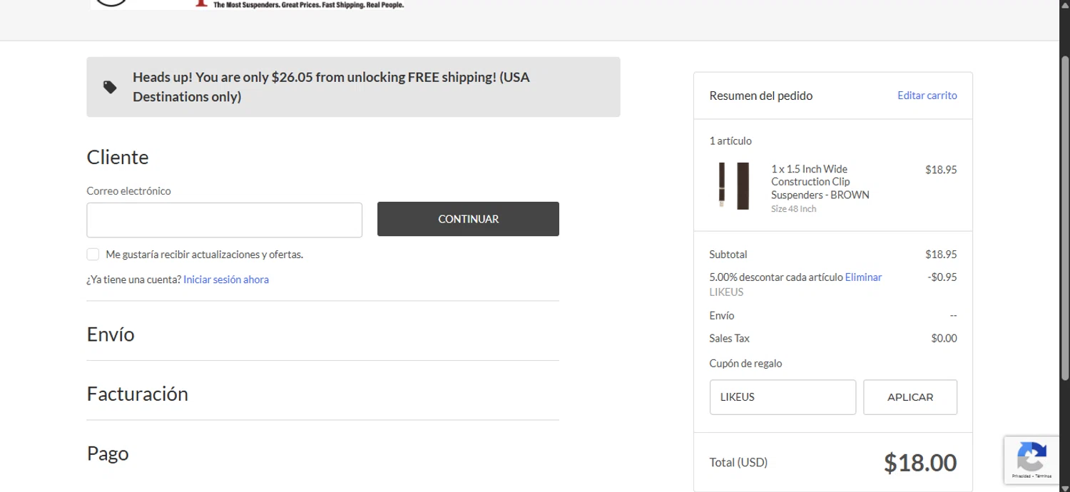 SuspenderStore coupon code screenshot showing code LIKEUS applied at SuspenderStore checkout page. Uploaded by SimplyCodes community member ______________ on Aug 15, 2025