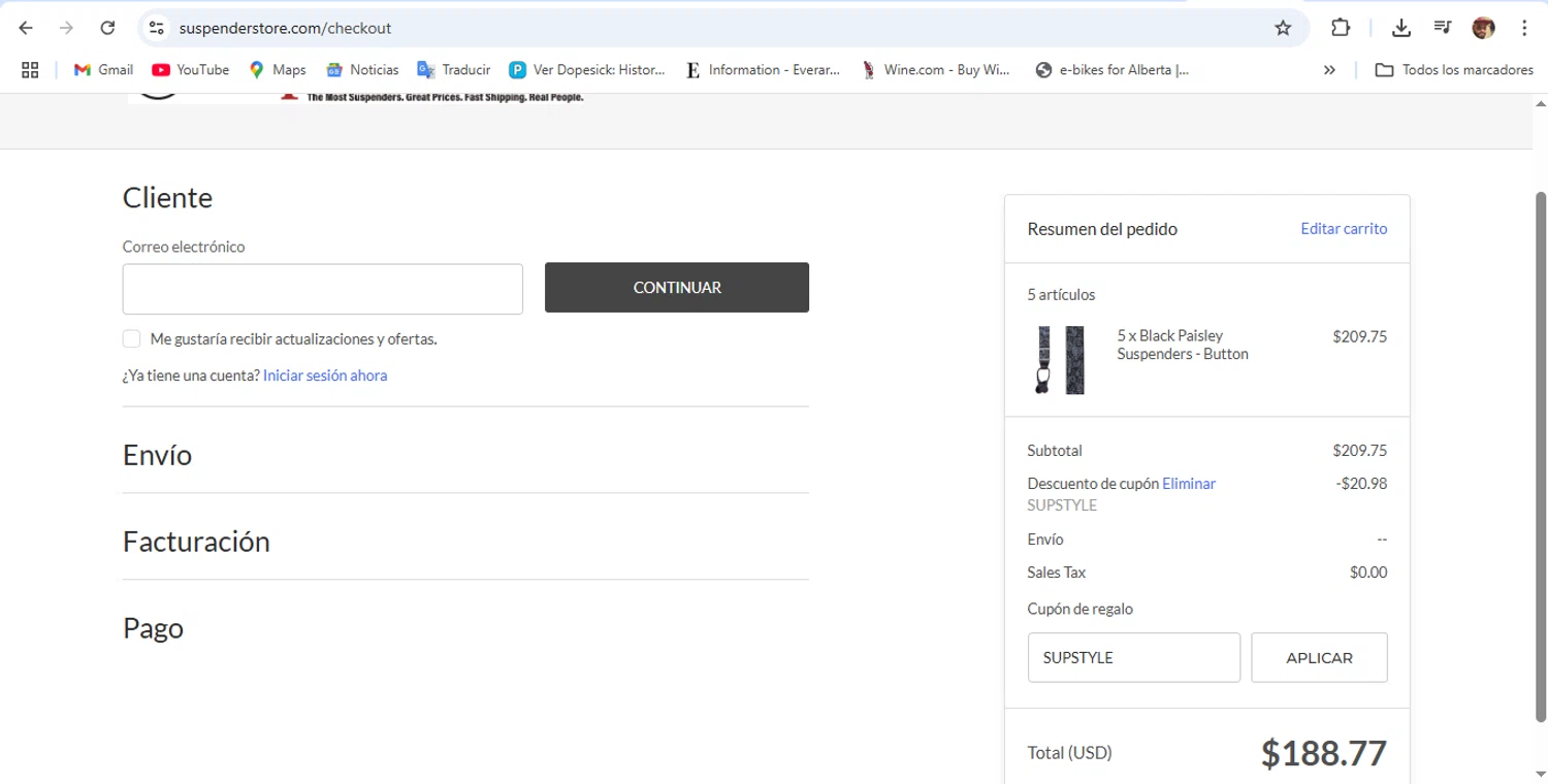 SuspenderStore coupon code screenshot showing code SUPSTYLE applied at SuspenderStore checkout page. Uploaded by SimplyCodes community member DanyRey10 on Jun 28, 2025