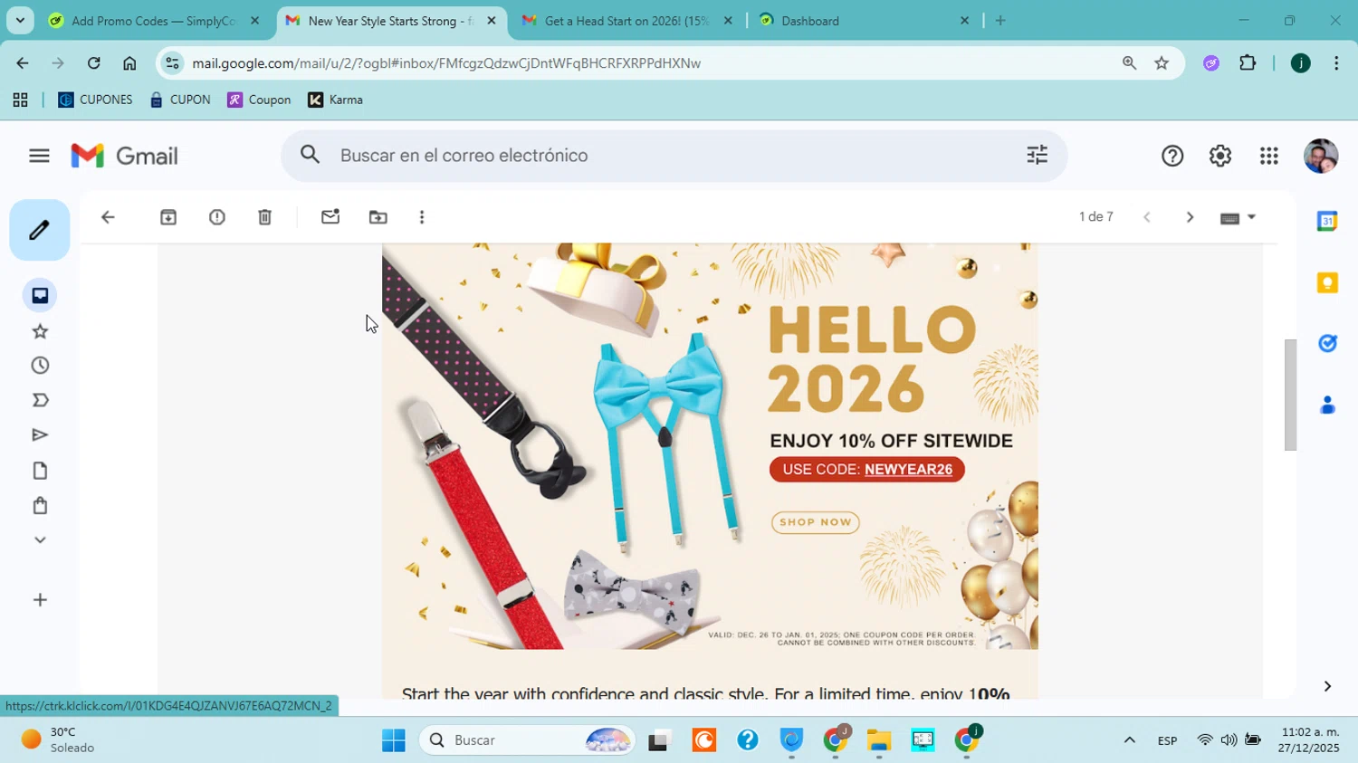 SuspenderStore coupon code screenshot showing code NEWYEAR26 applied at SuspenderStore checkout page. Uploaded by SimplyCodes community member jorgejavierherrera on Dec 27, 2025