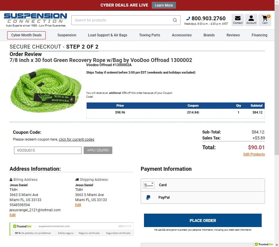 Suspension Connection checkout page showing Suspension Connection promo code box | Screenshot taken by SimplyCodes community member on Nov 11, 2022
