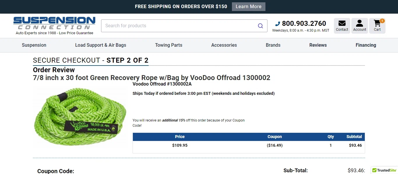Suspension Connection checkout page showing Suspension Connection promo code box | Screenshot taken by SimplyCodes community member on Oct 13, 2022