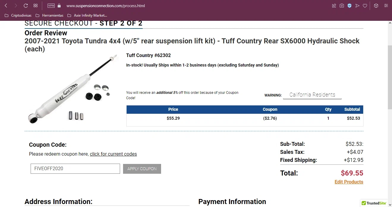 Suspension Connection checkout page showing Suspension Connection promo code box | Screenshot taken by SimplyCodes community member on Oct 21, 2022