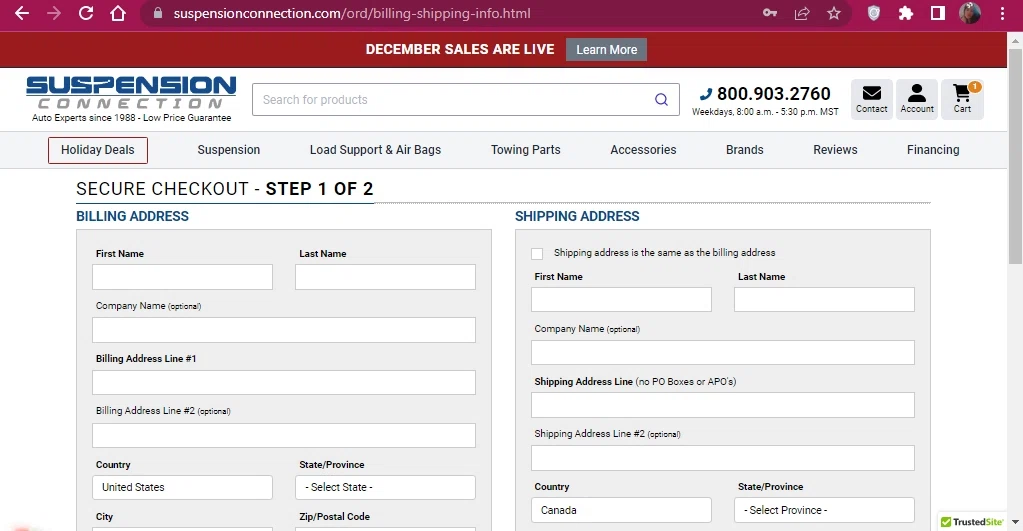 Suspension Connection checkout page showing Suspension Connection promo code box | Screenshot taken by SimplyCodes community member on Dec 18, 2022