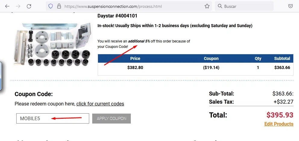 Suspension Connection checkout page showing Suspension Connection promo code box | Screenshot taken by SimplyCodes community member on Oct 1, 2022