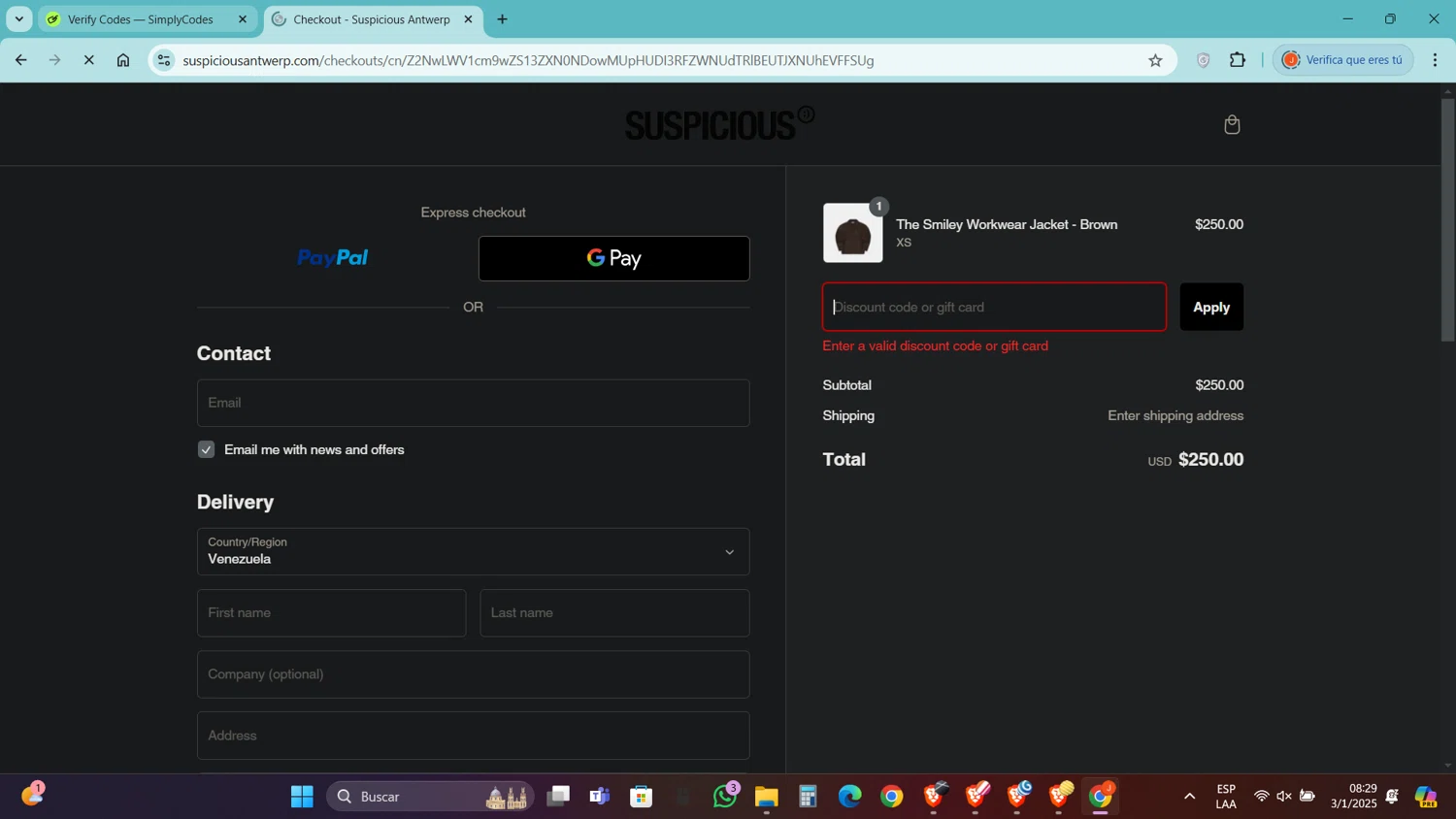 Suspicious Antwerp promo code screenshot showing code youReA10outOf10 applied at Suspicious Antwerp checkout page. Uploaded by SimplyCodes community member Rapunzel on Jan 3, 2025