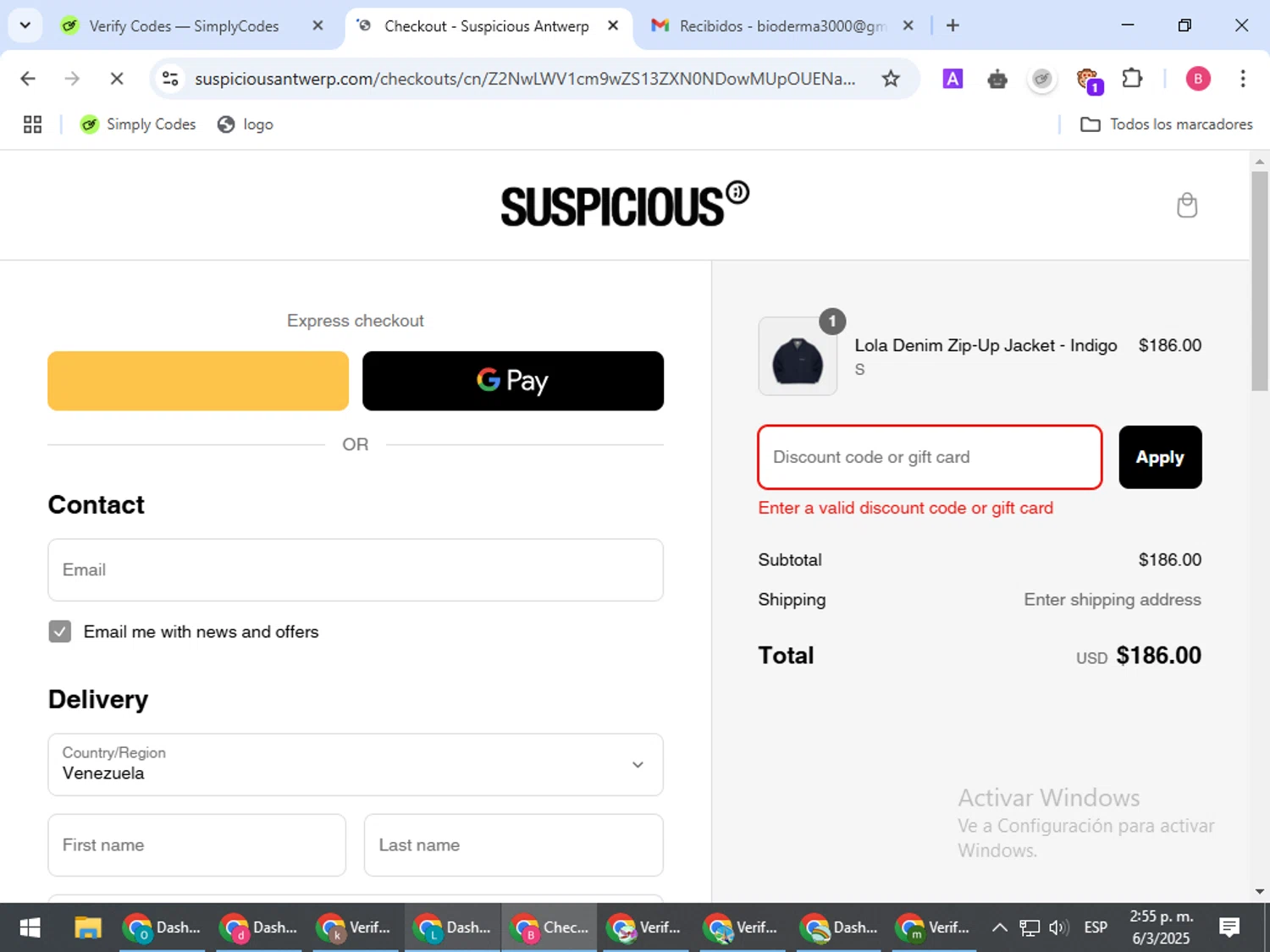 Suspicious Antwerp promo code screenshot showing code youReA10outOf10 applied at Suspicious Antwerp checkout page. Uploaded by SimplyCodes community member bombontropical on Mar 6, 2025