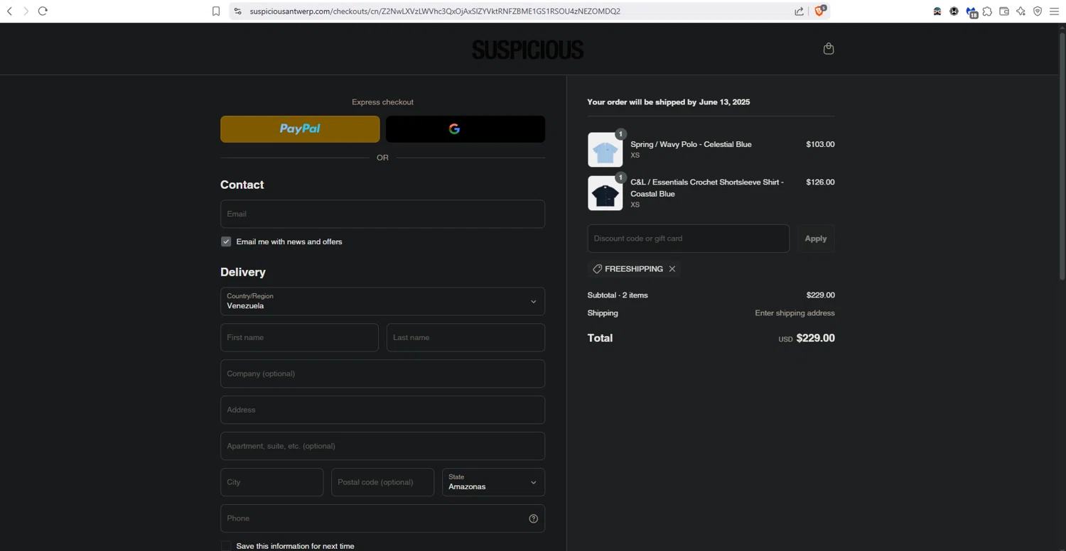 Suspicious Antwerp promo code screenshot showing code FREESHIPPING applied at Suspicious Antwerp checkout page. Uploaded by SimplyCodes community member dayselis15 on May 23, 2025