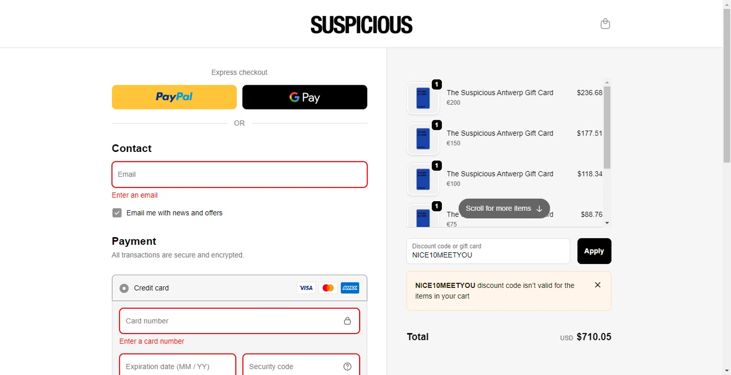 Suspicious Antwerp promo code screenshot showing code NICE10MEETYOU applied at Suspicious Antwerp checkout page. Uploaded by SimplyCodes community member DiscountPhoenix427 on Oct 19, 2025