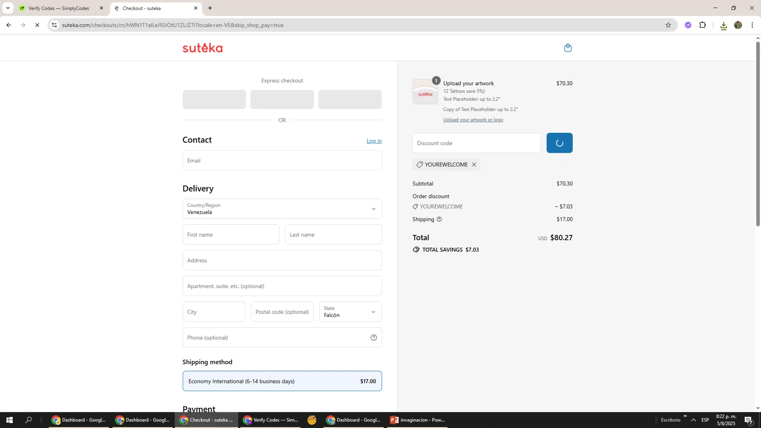 Suteka promo code screenshot showing code YOUREWELCOME applied at Suteka checkout page. Uploaded by SimplyCodes community member Phoenix585 on Aug 6, 2025