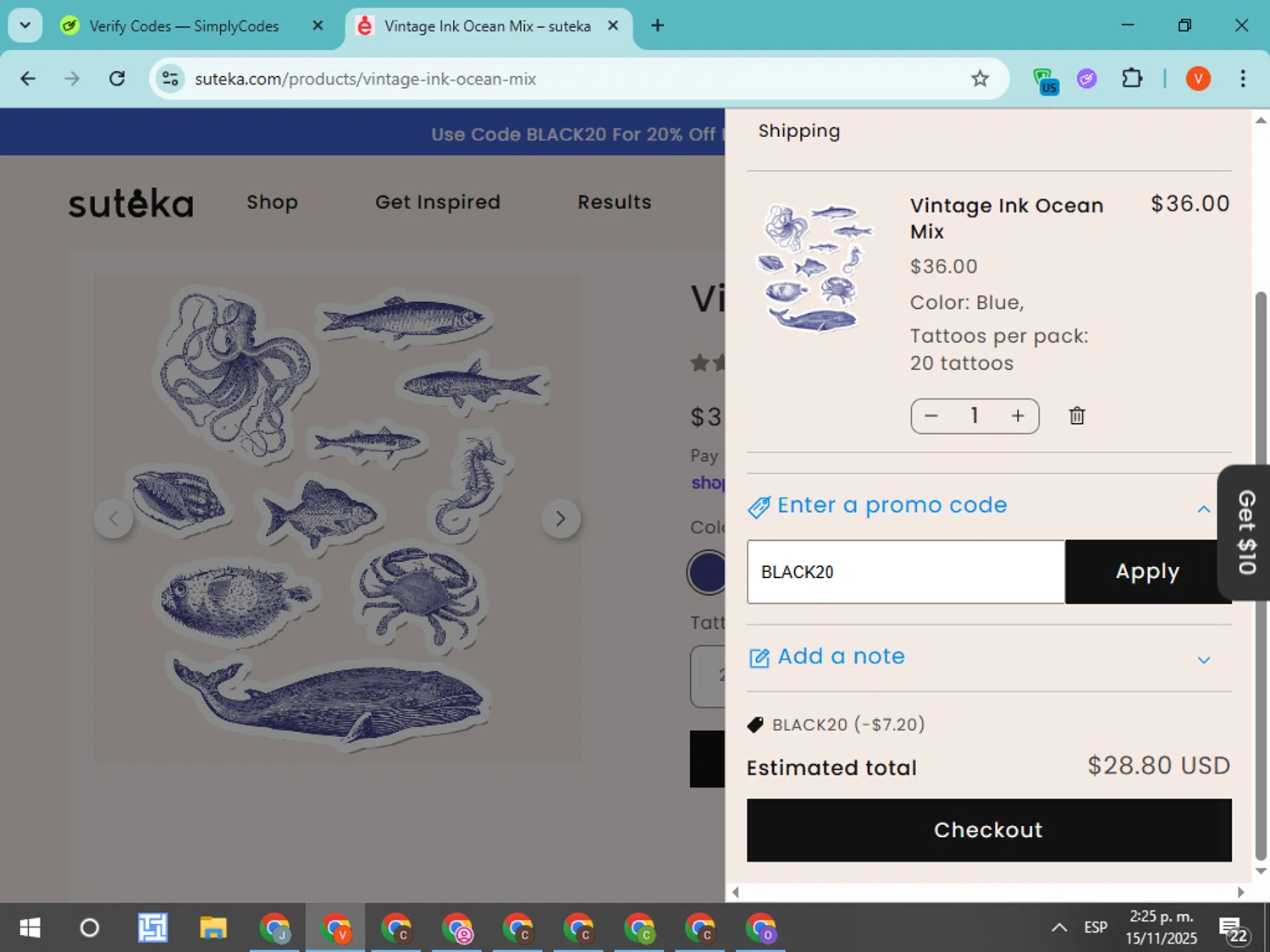 Suteka promo code screenshot showing code BLACK20 applied at Suteka checkout page. Uploaded by SimplyCodes community member CodeMonarch8148 on Nov 15, 2025